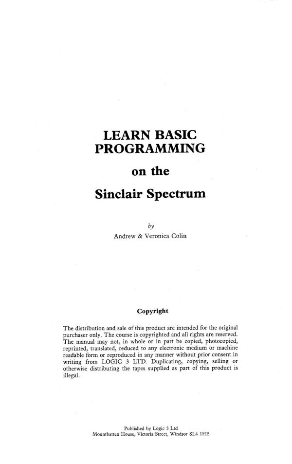 Learn BASIC on the Spectrum - Copyright
