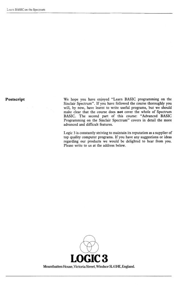 Learn BASIC on the Spectrum - Postscript
