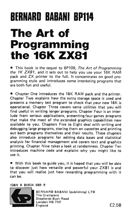 The Art of Programming the 16K ZX81 - Back Page